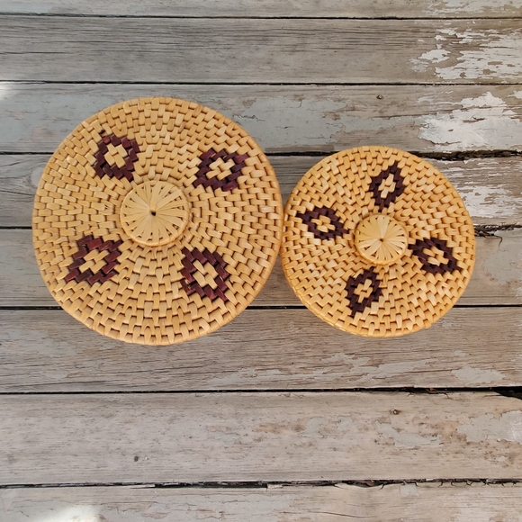 2 Nesting Wicker Baskets Lid Floral Vintage Rattan Boho Raffia Straw Cottagecore - Picture 5 of 9